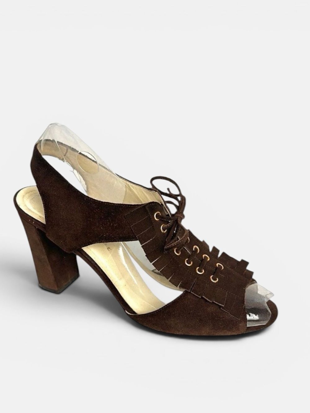 Bettye Muller Brown Suede High Heels Sandals Lace Up with Fringes Italy 40 US 10